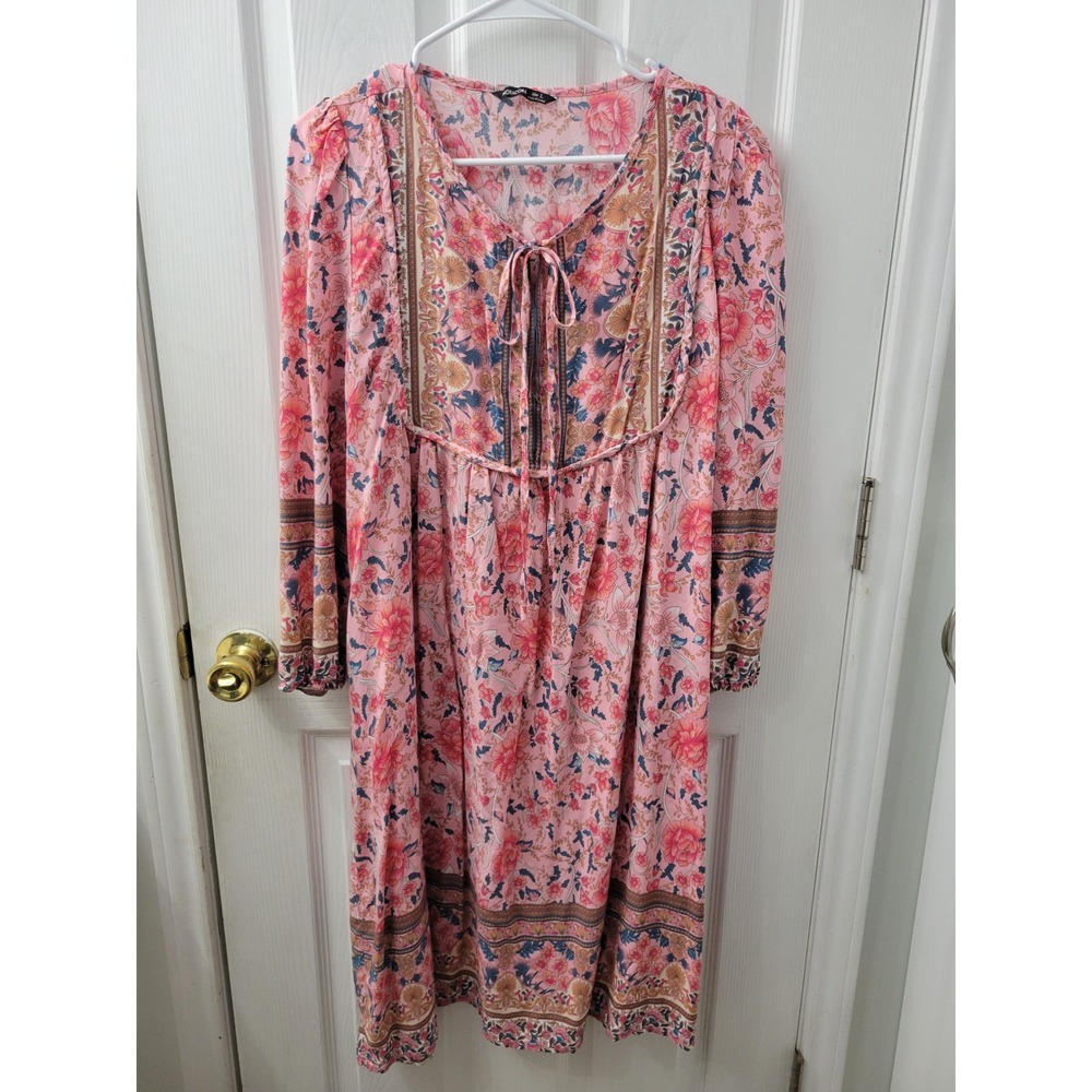 Noracora Pink Floral Boho Midi Dress V-Neck Tie Front Long Sleeve Size L